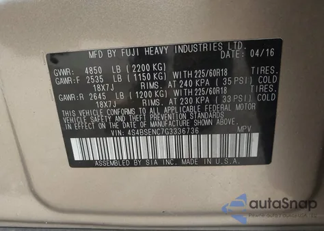 2016 Subaru Outback 3.6R Limited из США, поврежденный, VIN 4S4BSENC7G3336736